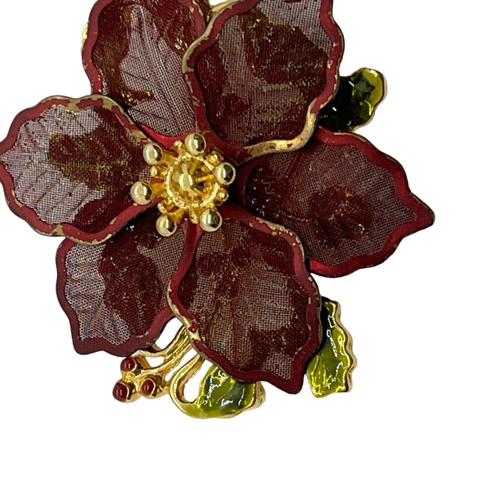 KC Kenneth Cole Metal Mesh Burgundy Poinsettia Gold Brooch Pin Christmas Vintage
